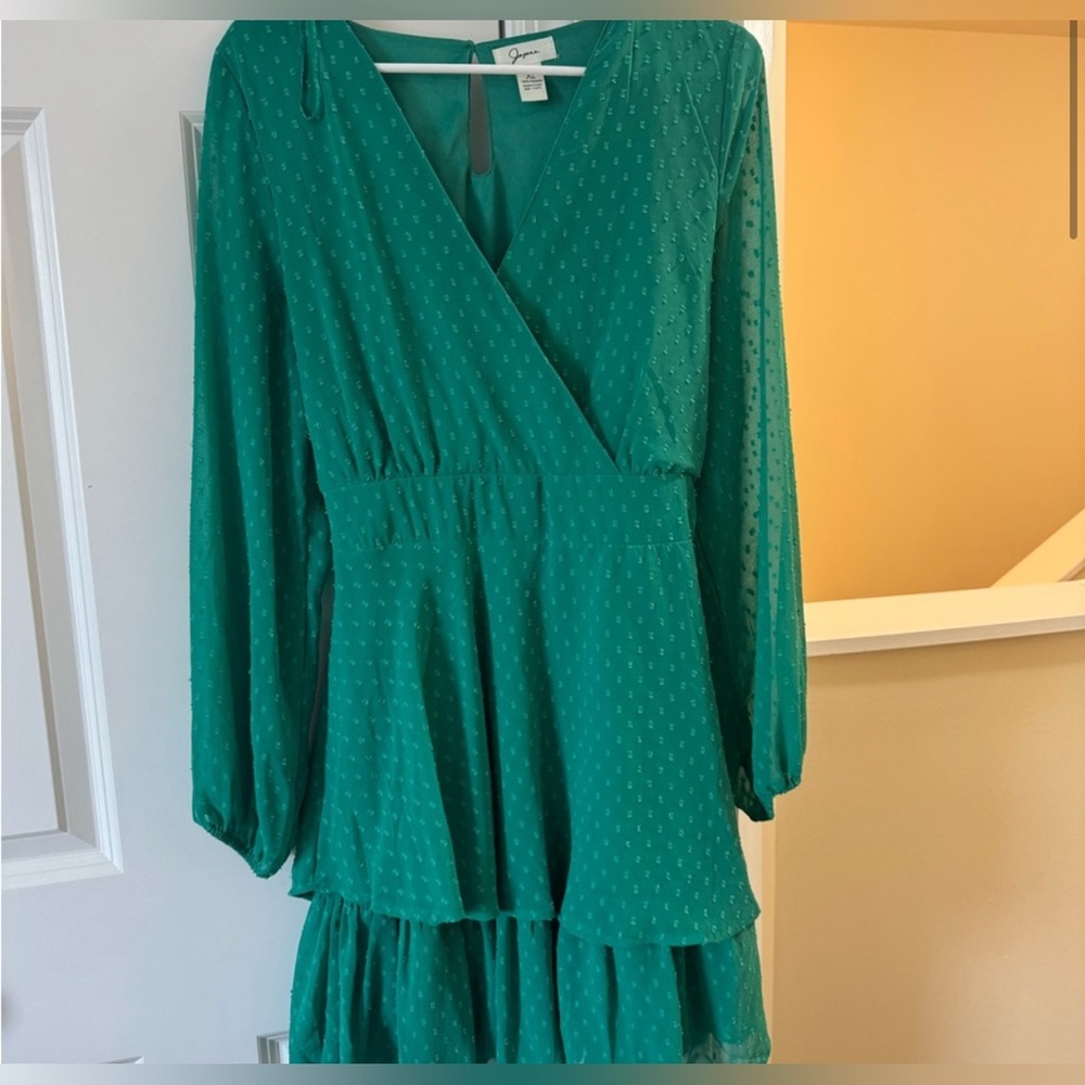 Japna Green Fit and Flare Dress with Bishop Sleeves